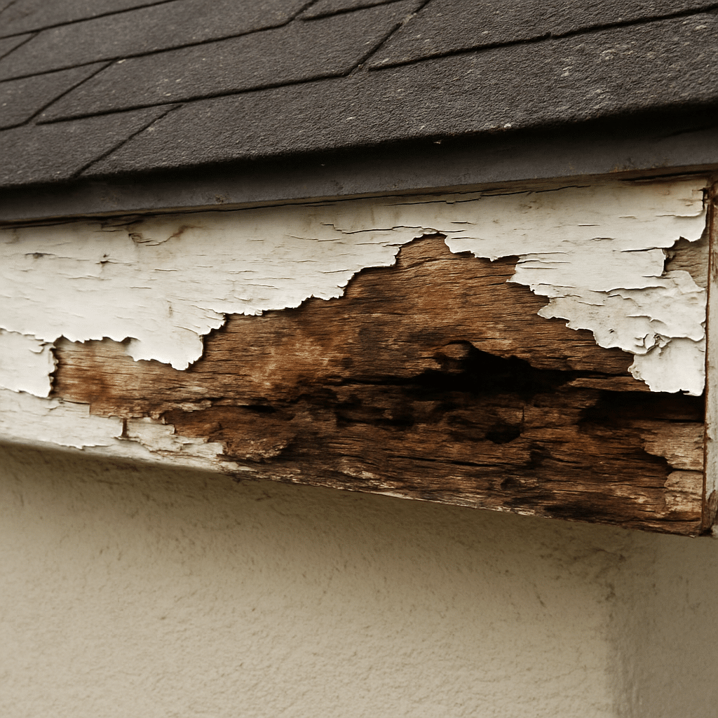 Damaged fascia showing signs of rot and peeling paint
