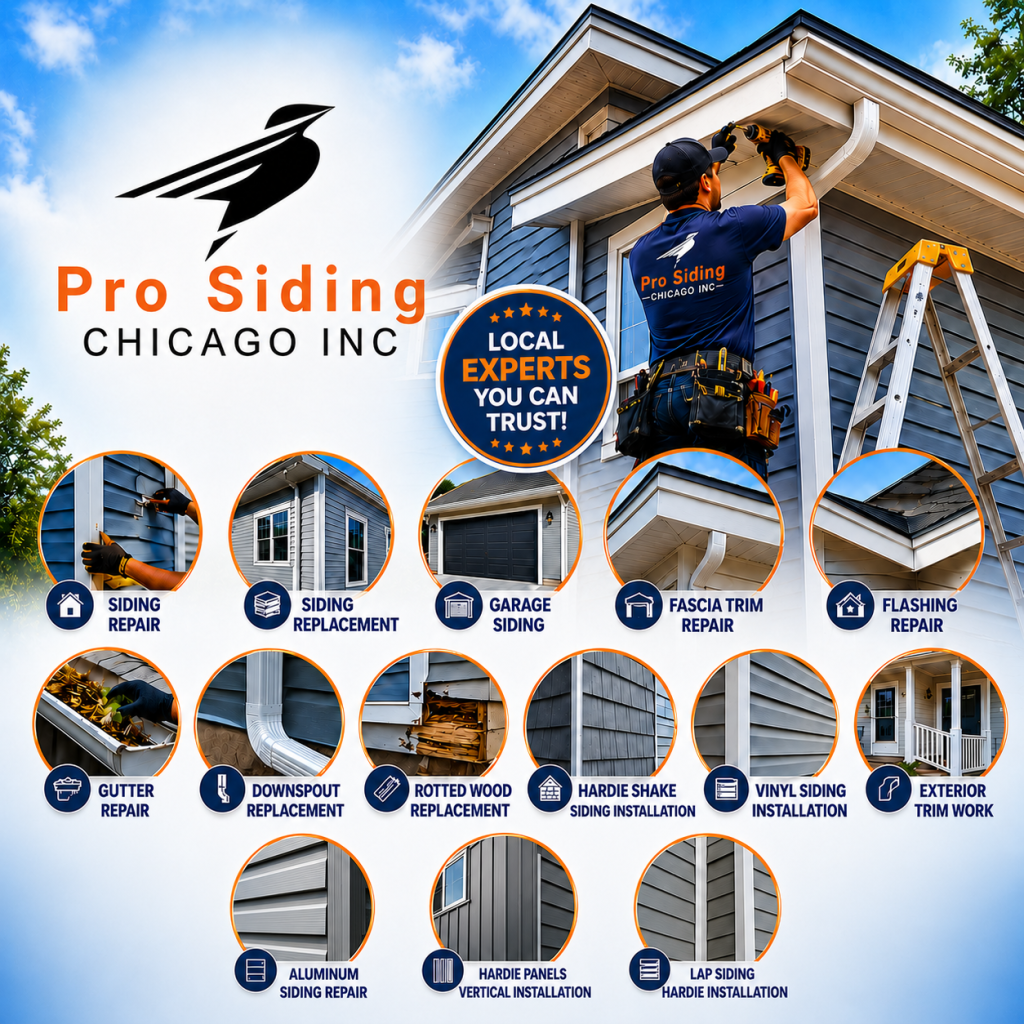 Professional Siding, Gutter & Exterior Repair Services in Chicago Pro Siding Chicago Inc. exterior repair services in Chicago, including siding repair, siding replacement, Hardie siding installation, aluminum siding repair, gutter repair, downspout replacement, fascia trim repair, flashing repair, and rotted wood replacement.